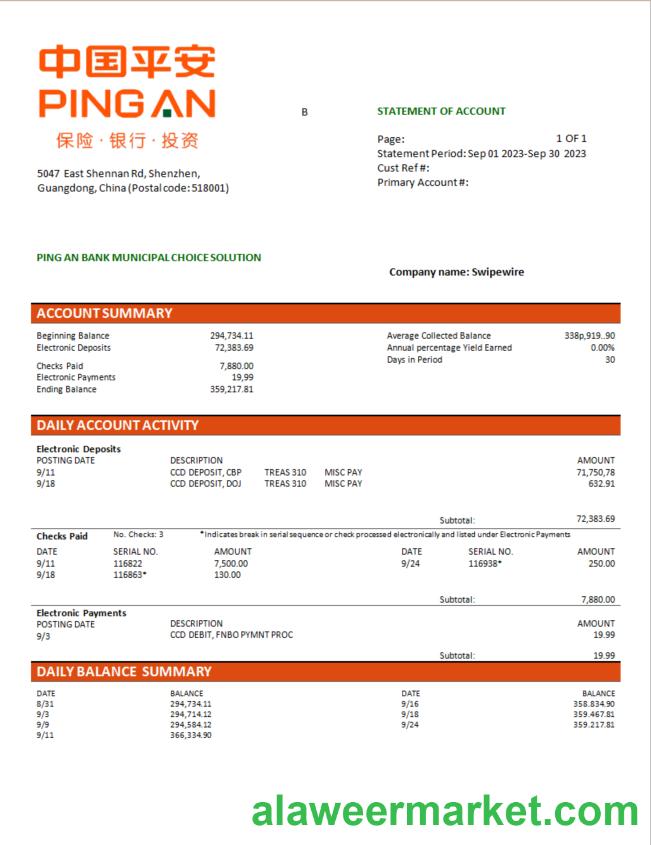 Ping An Bank firm checking account statement Word and PDF template